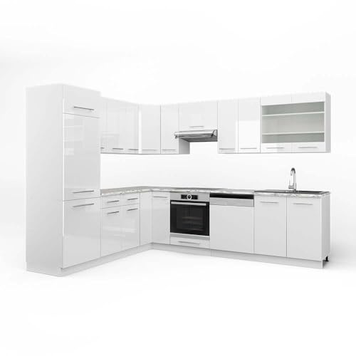Vicco Eckküche Fame-Line, Küchenzeile in L-Form, Weiß Hochglanz/Weiß, 227 x 287 cm, AP Marmor