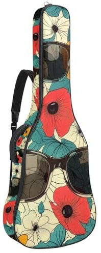 Gitarrentasche für Akustikgitarre mit zwei Taschen, Vintage-Blumen und Sonnenbrille, wasserabweisend, doppelt verstellbarer Schultergurt, Gitarrentasche, Vintage-Blumen und Sonnenbrille, 42.9x16.9x4.7