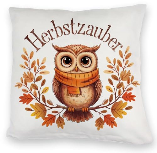 Niedliche Eule im Schal - Herbstzauber Kuschelkissen Niedliche Eule im Schal Herbstzauber Kuschelkissen auf orangefarbenem AST mit Herbstblättern für Festliche Atmosphäre