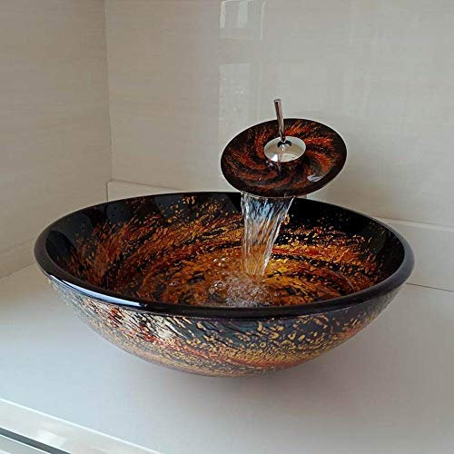 Tempered Glass Basin Sink Washbasin Faucet Set Counter top Washroom Vessel Vanity Sink Bathroom Mixer,Orange