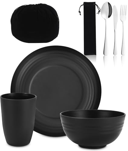 Juego de cubiertos para camping, vajilla de camping negra, cubiertos de acero inoxidable, taza ligera y reutilizable, apto para lavavajillas, con vaso, cuenco, plato y bolsa, ideal para exteriores,
