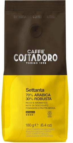 Costadoro Settanta, Café Moulu pour Moka, Mélange 70% Arabica 30% Robusta Fin, en sachets de 180g chacun, Goût fort et corsé, Qualité Supérieure Fabriqué en Italie