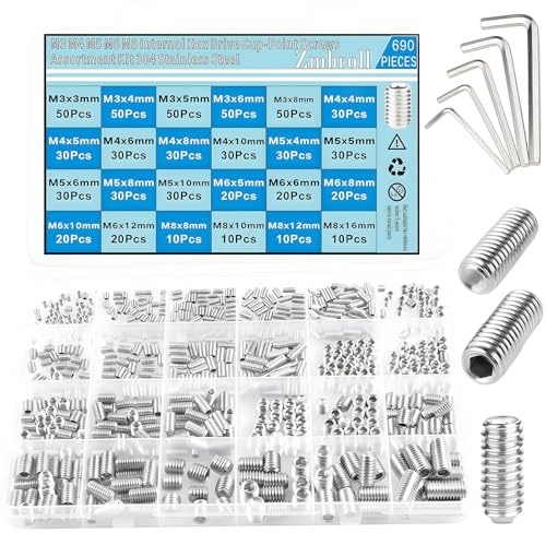 Zmbroll 690Pcs Sliver Set Screws Metric 304 Stainless Steel M3M4M5M6M8 Allen Head Socket Hex Grub Screws Internal Hex Drive Headless Grub Screw for Machinery, Furniture, DIY Fixing