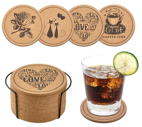 lompyeu Untersetzer Gläser, 12 Stücke Kork Untersetzer mit Untersetzer-Halter, Saugfähig Glasuntersetzer Bierdeckel, Deko für Tisch Wohnzimmer