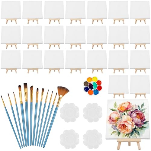 NamyEUT 24 stycken mini canvasset, 15 x 15 cm liten duk med 8 x 15 cm ministaffli trä, 12 penslar och 5 blandpaletter, minidukar för målning, akvarellmålning, display