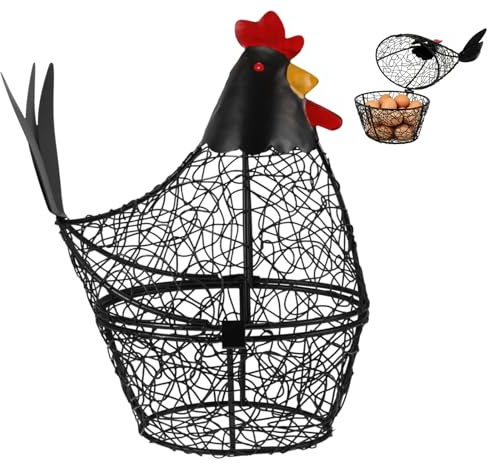 ULTECHNOVO Dekorativer Eierkorb in Huhn-Form aus Metall, Aufklappbarer Eierbehälter im Landhausstil, Schwarz Eiersammelkorb für Frische Eier, Rustikale Küchendekoration & Geschenkidee, 26cm Hoch