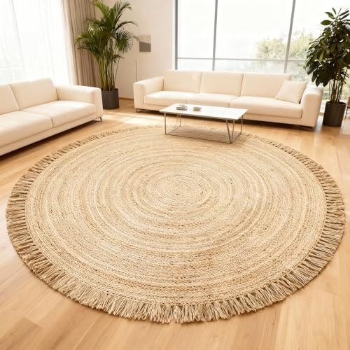 FURNISHFUL FINESSE Hand Woven Jute Round Rug, – Natural, Reversible Boho Entry Area Rugs for Kitchen, Living Room I Farmhouse Indoor Outdoor Decorative Floor Rug - (5 Feet)