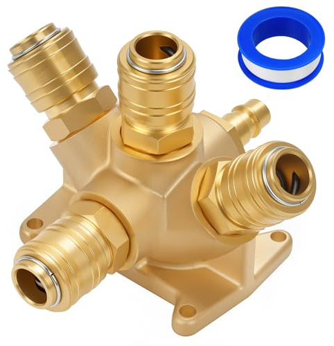 Sukudon Druckluftverteiler Wanddose aus Messing | 4x Schnellkupplungen + 1x Stecknippel NW 7,2 (1/2 G) | Professionelle Druckluftweiche mit Absperrventil für Werkstatt & Industrie