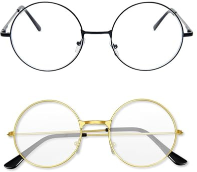 2 paar Runde Brille,Runde Brille Ohne Stärke,Metall Rund Frame Flachglasbrille für Mann Frau Cosplay,Nikolaus I Oma | Opa | Nerd Verkleidungszubehör,Kostümzubehör für Karneval,Fasching,Weihnachten