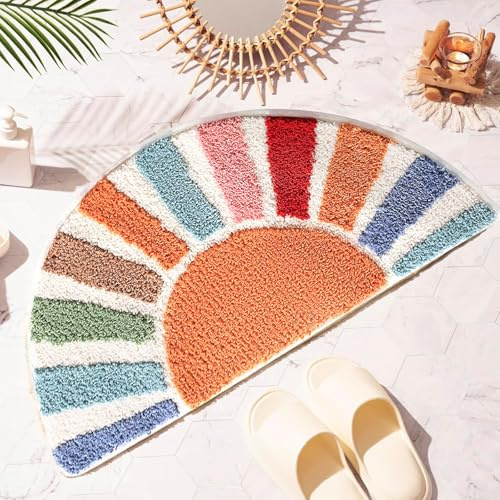 Dermalyx Badezimmer Teppich Niedlicher Halbkreis Bade Matte Weich Und Saugfahig, Bohemian Sonne Bade Matte, rutschfest Waschbar Badezimmer Deko Teppich 40 x 76 cm