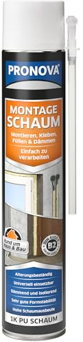 Pronova Montageschaum B2 PU Bauschaum zum Dämmen Montieren Verfüllen Kleben PU-Schaum mit Adapter Universell einsetzbar Hohe Schaumausbeute 750ml