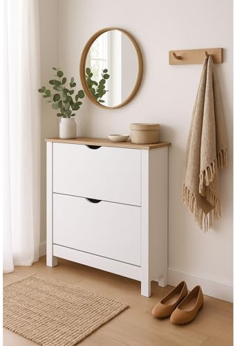 Meyvaser.com Ecommerce Company Zapatero Blanco y Roble Aserrado con 2 Trampillas – Capacidad 16-20 Pares – Mueble para Calzado Moderno 73,5x23,5x81 cm – Patas Blancas y Diseño Actual