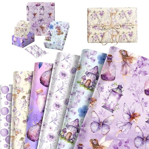 BACH AND BOUJEE 12 fogli carta regalo viola con fate farfalle fiori funghi per compleanno festa sposa festa bebè matrimonio DIY artigianato regali