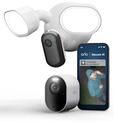 Arlo 2K Flutlichtkamera kabelgebunden + Ultra 3 Zusatzkamera 4K, Überwachungskamera Aussen WLAN, 2K HDR, 160° Weitwinkel, Bewegungsmelder, LED Licht, 2-Wege-Audio, Sirene, Secure Testzeitraum