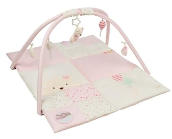 Sterntaler Spielbogen Bär Betty, Spielbogen mit Patchwork-Design, Stickmotive, Beißring, Spiegel, Rassel, Quietsche und Knisterpapier, abnehmbarer Bogen und Spielteile, wattiert, 100×80×3 cm, rosa