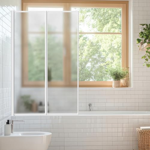 Jaxguom Pannello doccia per vasca da bagno, 100 x 140 cm, in plastica, pieghevole, 2 pezzi, telaio in alluminio bianco, montato a sinistra o a destra, con struttura opaca