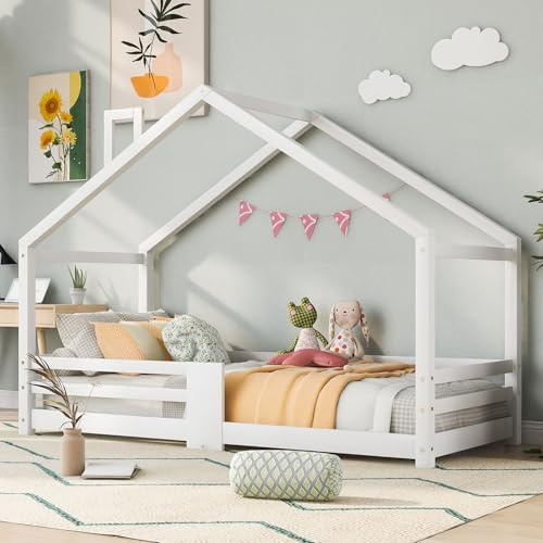 Yihomfy Hüttenbett für Kinder mit Kamin und Sicherheitsbügel, robuster Lattenrost, massives Kiefernholz, 90 x 200 cm, weiß, ohne Matratze (Weiß-D)