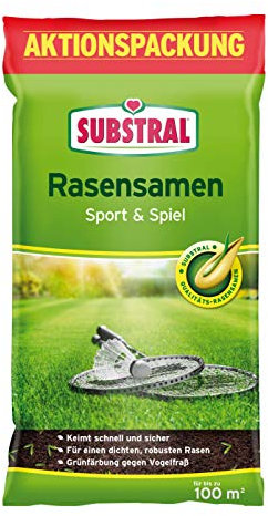 Substral Rasensamen Sport und Spiel, 2kg für 100m² - strapazierfähige Rasensaat-Mischung mit Grünfärbung gegen Vogelfraß
