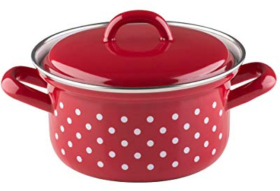 Riess, 0127-077, Kasserolle mit Deckel Ø 14cm, PÜNKTCHEN ROT, Emaille, Vol. (rec.): 0,8 Liter, Made in Österreich, LBH: 20,5x15,8x11,2cm, 0,728kg, Induktionskocher kompatibel, Gasherd geeignet