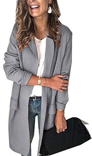 Fuxiang lång blazer dam, kavaj jacka elegant långärmad sweatblazer, lång kavaj oversize dam, lätt affär, kontor, kappa, höst, vinter, GRÅ, 54