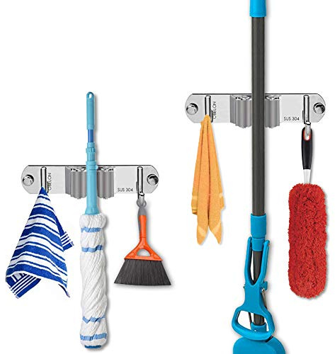 OBELON Stainless Steel Wall Mounted Mop and Broom Holder, No Drill Storage Rack with 1 Clip & 2 Hooks for Kitchen, Bathroom, Garage, Garden, 2 Packs (Grey Clip)