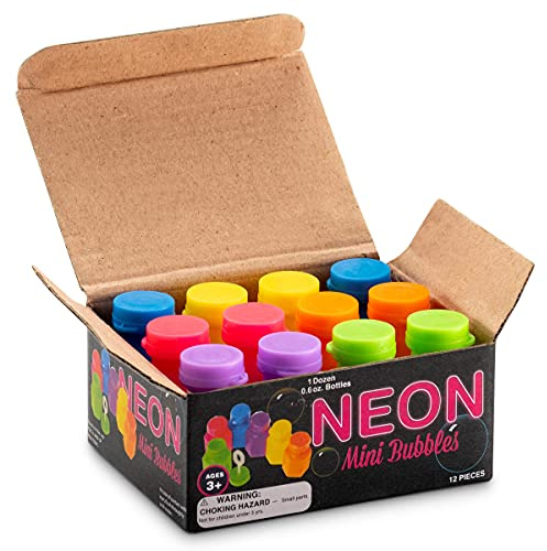 Mini Neon Party Bubbles for Kids - (Pack of 12) Bulk Wands and Bottles for Blowing Bubbles, Birthday Party Favors, Toy Gift, Outdoor Toys, Carnival Prizes, and Goody Bag Stuffers