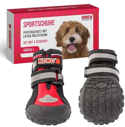 KONG Sportschuhe für große Hunde 4 Stück in Größe L I Hochwertiger Pfotenschutz mit Polsterung I Bequeme Schuhe für Hundepfoten I Einfache & sichere Nutzung I Robustes & waschbares Material