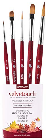 Princeton Velvetouch, serie 3950, målarpensel för akryl, olja och vattenfärg, set med 5 spotter 5/0, vinkelskuggare ¼, rund 8, Filbert 8, rund 2