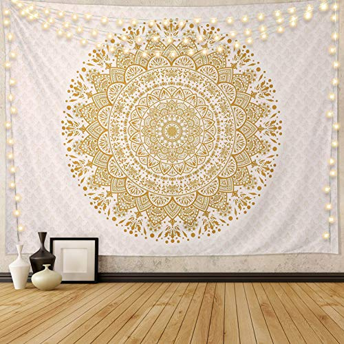 Edeesky Weißer goldener Mandala-Wandteppich, Wandbehang, psychedelisches Medaillon, Wandteppich, ästhetisch, indisches Hippie-Wanddekoration, böhmische Wandkunst, Wohnzimmer, Wohnheim