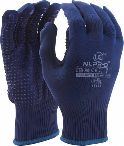 UCi NLPB-D Vollfinger-Handschuhe, fusselarm, 13 Gauge, PVC, Punktierung, Polyester, Haltbarkeit, Blau (8/Medium)