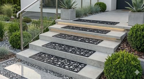 Jet-Line® | 5 Stück | Stufenmatte SCALA | schwarz | Relief | Rutschfeste Gummimatte | 25x75 cm | Ornament | Treppe | außen | outdoor | Antirutsch Matte | Gummi