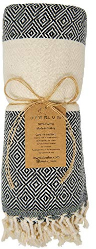 Deerlux 100% Cotton Turkish Bath Towel, 40 x 70 Diamond Peshtemal, Black