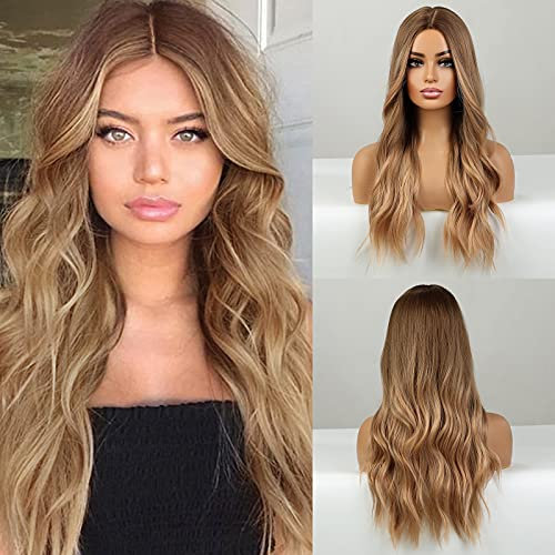 HAIRCUBE longue perruque blonde pour les femmes perruque synthétique naturelle ondulée cheveux bouclés partie moyenne Ombre perruques, fête utilisation quotidienne