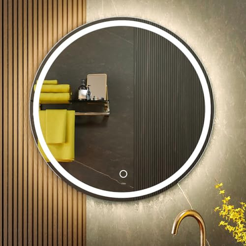KWW 60 cm LED Runder Badezimmer Eitelkeitsspiegel, Farbtemperatur Einstellbar, Anti-Nebel Dimmbare Lichter, Wand Befestigter Make-up-Spiegel mit Smart Touch-Taste