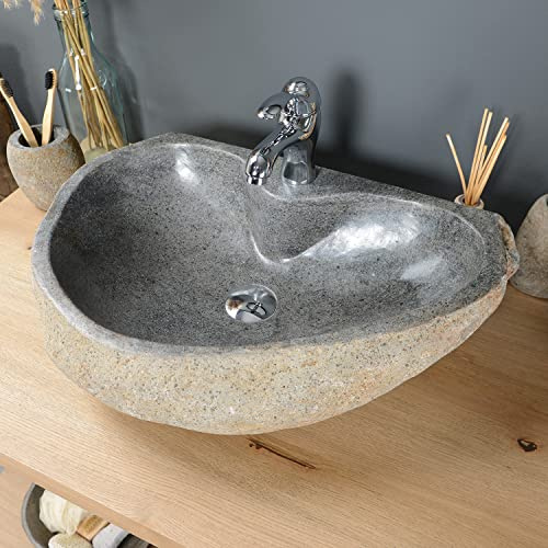 60 cm Stein Aufsatzwaschbecken mit Hahnloch Naturstein Waschbecken Granitwaschbecken Findling für Bad Gäste WC Handwaschbecken Waschschale Wohnfreuden