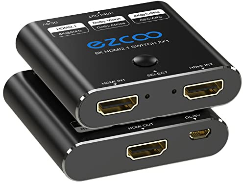 8K HDMI 2.1 Switch 4K 120Hz 2x1 CEC ARC HDCP2.3 VRR 48Gbps HDR10 HDMI 2.1 Switcher 2 In 1 Out 8K 60Hz D-olby Vision Atmos Support All Resolutions SW21H21