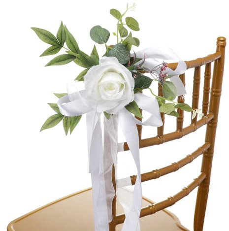 YQYAZL Wedding Aisle Decorations Set of 6 Church Chair Bench Pew Bows for Wedding Ceremony Party Chair Decor with Artificial Flowers Eucalyptus and Ribbons, White(6pcs), 2x2 inch