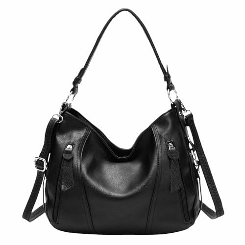 ITALYSHOP24 OBC Damen Tasche Shopper Hobo-Bag Schultertasche Leder Optik Umhängetasche Handtasche Crossover Reisetasche Beuteltasche Handtasche Schwarz