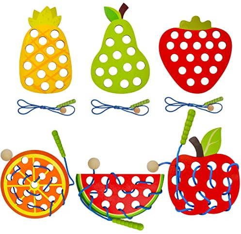 ECam 6 Pcs Lacing Toy for Toddlers, Wooden Threading Toys, Educational and Learning Montessori Activity for Baby and Kids, Fine Motor Skill Toys, Apple Pear Strawberry Watermelon Orange Pineapple