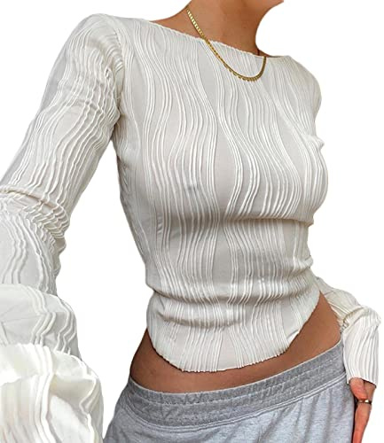 Geagodelia Damen Langarmshirt Elegant Oberteil Y2k Fashion Crop Top Sexy Langarm T-Shirt Bluse Aesthetic Clothes Outfit Frühling Sommer