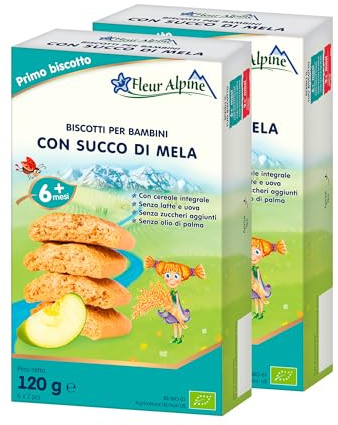 FLEUR ALPINE Biscotti per neonati con succo di mela – 12x2 deliziosi snack per neonati per una deliziosa colazione a base di porridge|Biscotti semplici snack integrali senza zuccheri aggiunti | 6 mesi