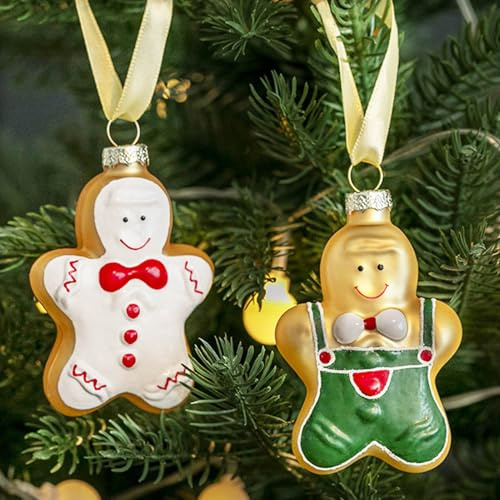 Amanman Glas-Weihnachtsschmuck, Lebkuchen-Weihnachtsschmuck, mundgeblasene und handbemalte Glasornamente für Weihnachtsbaumschmuck, 2 Stück