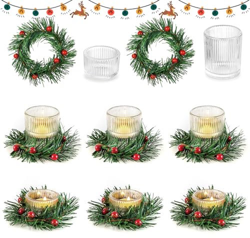 Christmas Candle Holders Table Decoration: Hewory 8pcs Christmas Table Centrepiece for Dining Room Party, Tealight Holders with Wreath Ring Red Berries Xmas Ornaments