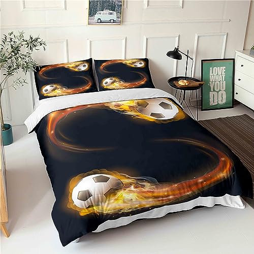 Morbuy Parure de Lit Imprimé Football 3D Garçon Sets de Housse de Couette en Microfibre avec Taies d'oreillers, Ensemble de Literie Linge de Lit avec Fermeture Éclair (220x240cm,Football Flamme)