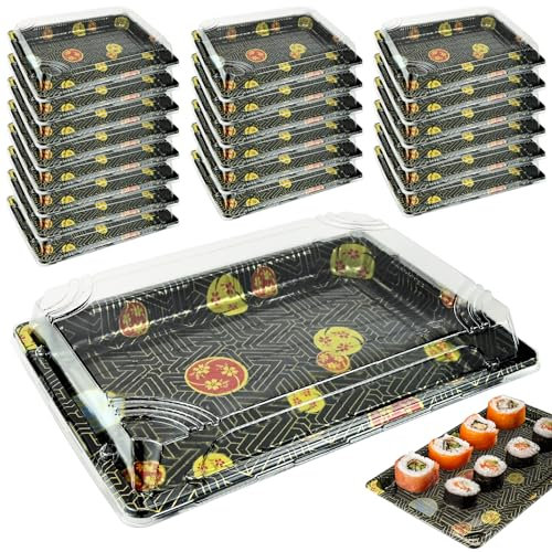 Lot de 20 plateaux rectangulaires réutilisables en plastique avec couvercles transparents, friandises et sandwichs, pour repas de fête, gâteaux, sushis (260 mm x 190 mm x 50 mm)