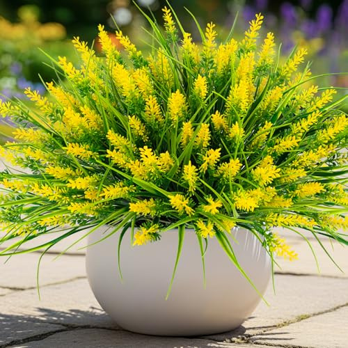 N&T NIETING Artificial Plants Outdoor, 10 Bundles Fake UV Resistant Monkey Grass with Flowers for Pot Garden Easter Decor Window Verandah Office Patio Faux Planter Pathway Front Porch (Yellow)