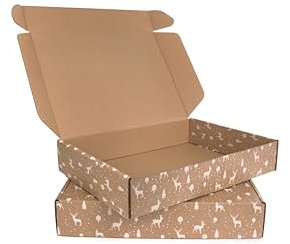 Faltkarton braun 10 Stück Weihnachtsgeschenkbox mit Deckel 430x330x80mm - Geschenkbox mit Rentier Tannenbaum Motiv - Post Schachtel Versandkarton Warensendung ohne Kleber