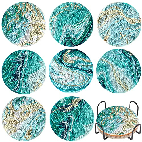 Diamond Painting Coasters with Holder, 8 Pcs DIY Ocean Painting Glass Art Coasters Kits Round Full Drill Art Craft Supplies for Adults Kids, Beginners
