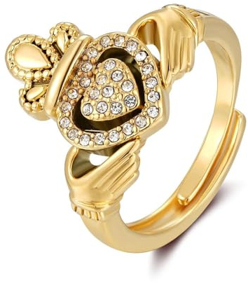 Gold Claddagh Adjustable Ring with Stones - Luxurious Finish Intricate Detailing and Unique Sizing for Every Finger (Stones sparkle like real diamonds, Height: 16mm, Weight: 6g) - Bling King London