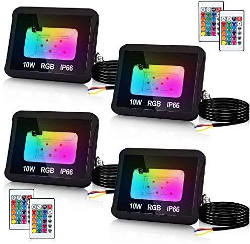Yakimz 4er 10W RGB Strahler mit Fernbedienung, Außen Innen LED Scheinwerfer Flutlicht 16 Farben 5 Modi Farbwechsel Fluter Memoryfunktion,IP66 Wasserdicht Licht für Bühne Party Hinterhof Deko